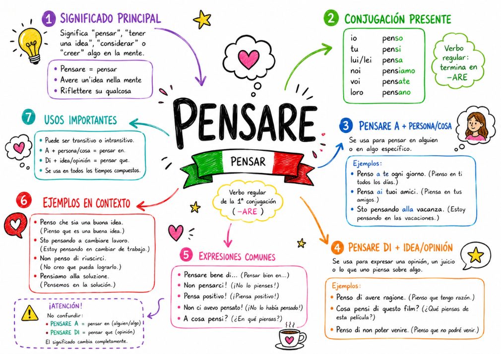 Mapa mental: el verbo pensare (conjugación y usos)